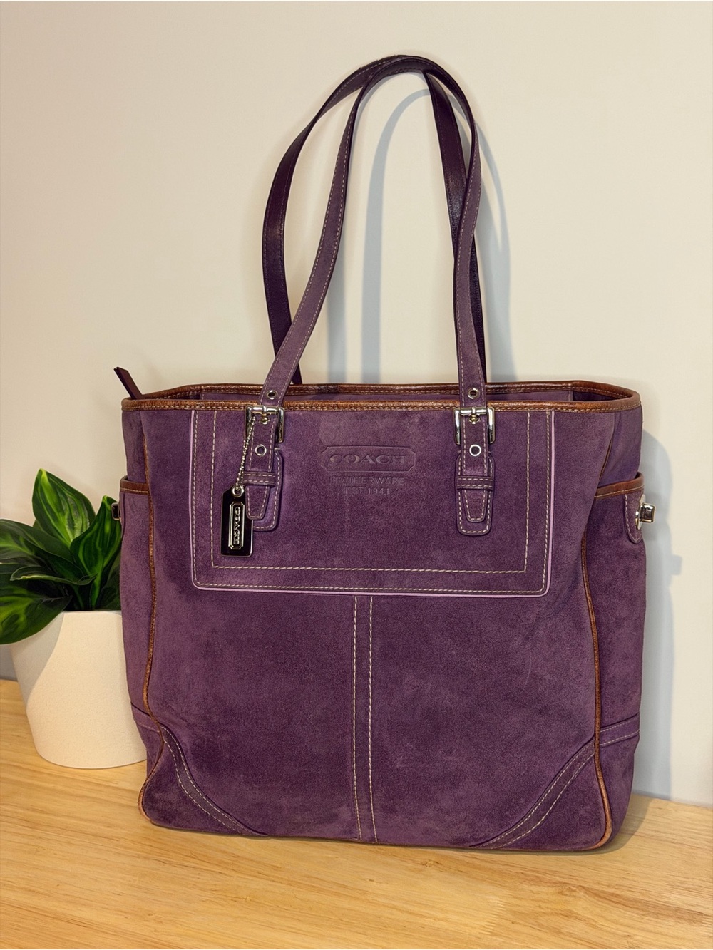 Coach Hampton Purple Suede Tote Bag with Silver Hang Tag VINTAGE
